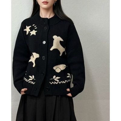 Avante Guardian原创新款黑色小狗秋冬毛衣针织开衫纽扣外套上衣