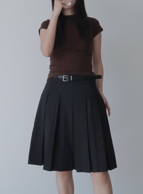 Avante Guardian夏季女装黑色百褶裙高腰半身裙中长通勤款配腰带
