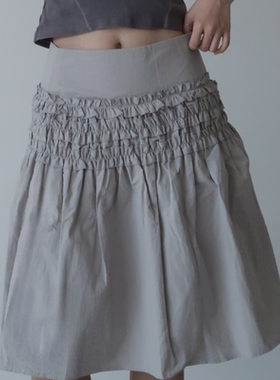Avante Guardian夏季女装灰色木耳边褶皱中长半身裙蛋糕小短裙