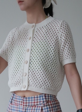 Avante Guardian夏季女装镂空针织开衫短袖圆领短款上衣白色气质