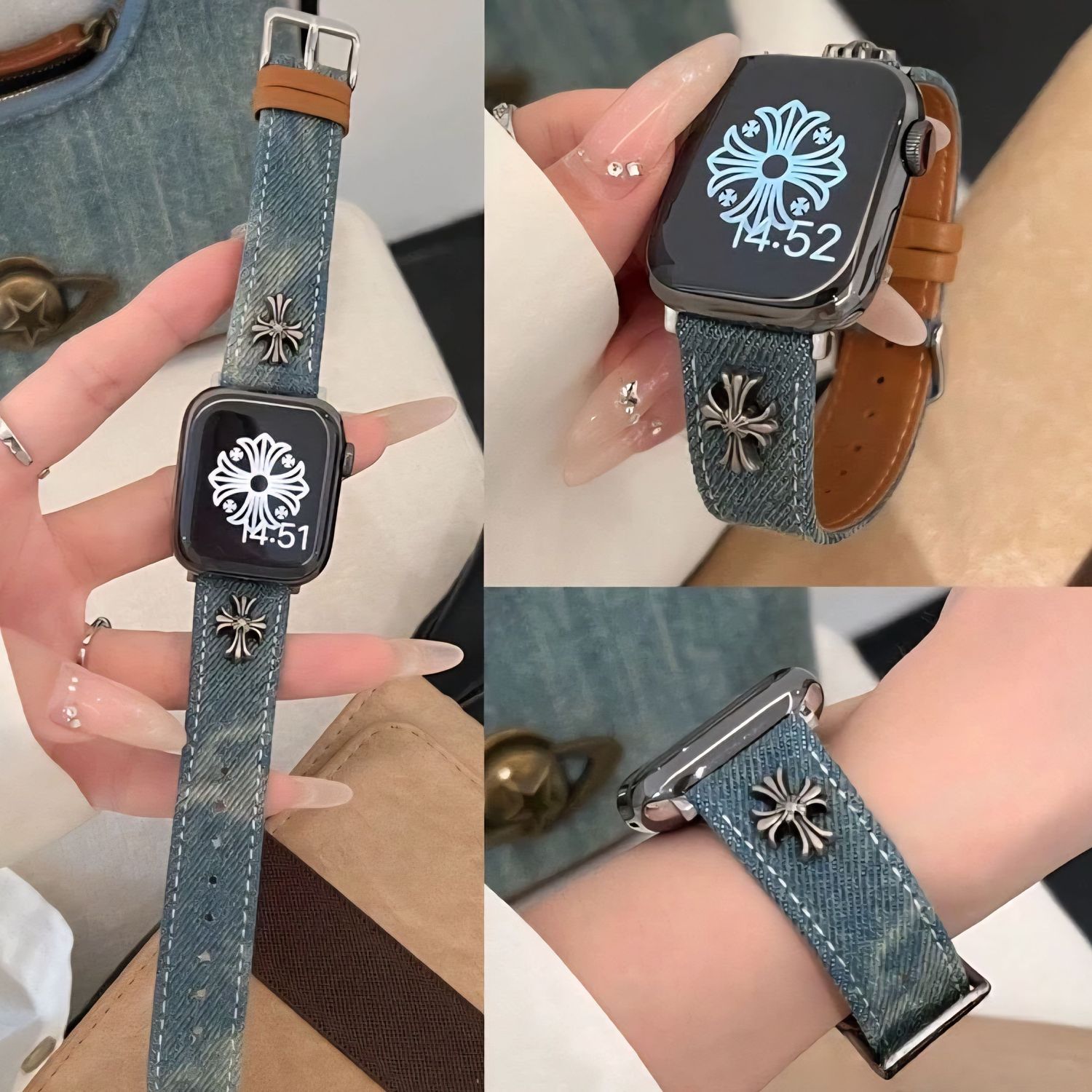 适用苹果iwatch手表宽版表带十字架牛仔克罗芯复古女款s11/s10/se