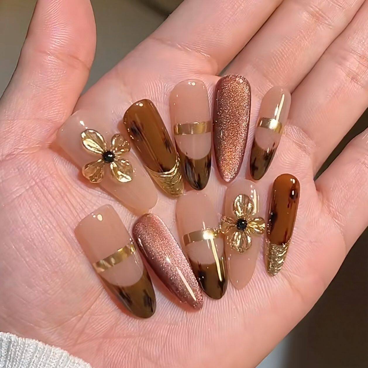 显白复古巴洛克豹纹琥珀立体金属花手工猫眼美甲穿戴甲高级辣妹