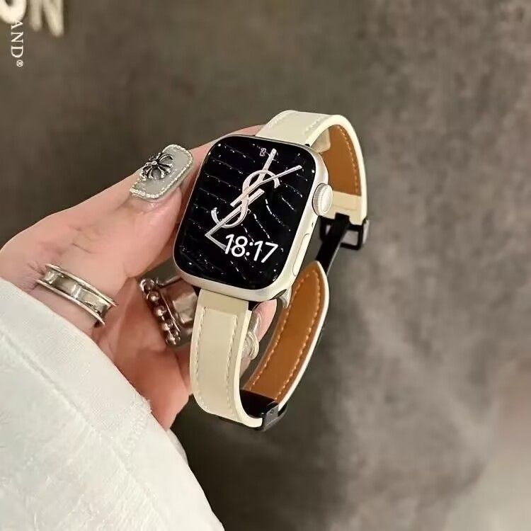 适用苹果S10/9/8/7/6表带iwatch5432se真皮质ins磁吸扣腕带手表带