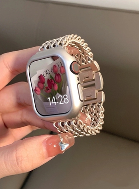 11星光色适用Applewatch89不锈钢爱心链条表带苹果10手表765432金