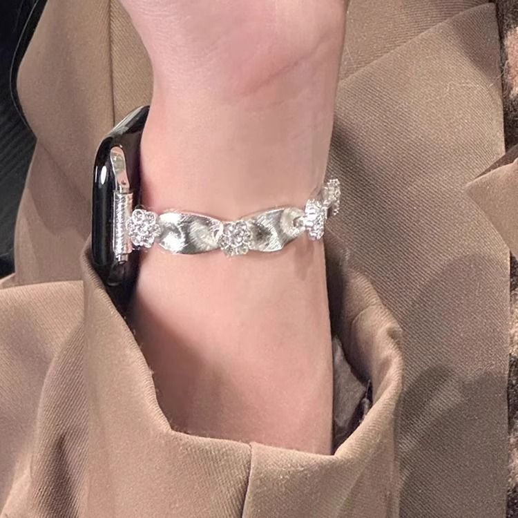 丝绸花朵银链金属表带适用iwatchS10苹果手表AppleWatch87645新款