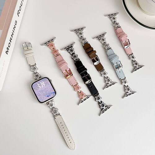 适用苹果s11镂空星星s10手表带iWatch9Ultra8765金属拼皮质高级女