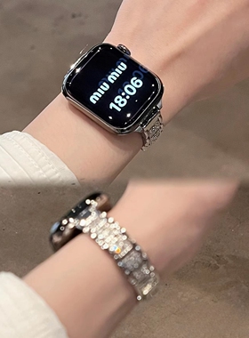 ins风适用Applewatch10/9细款满钻金属表带苹果手表87654细三株SE