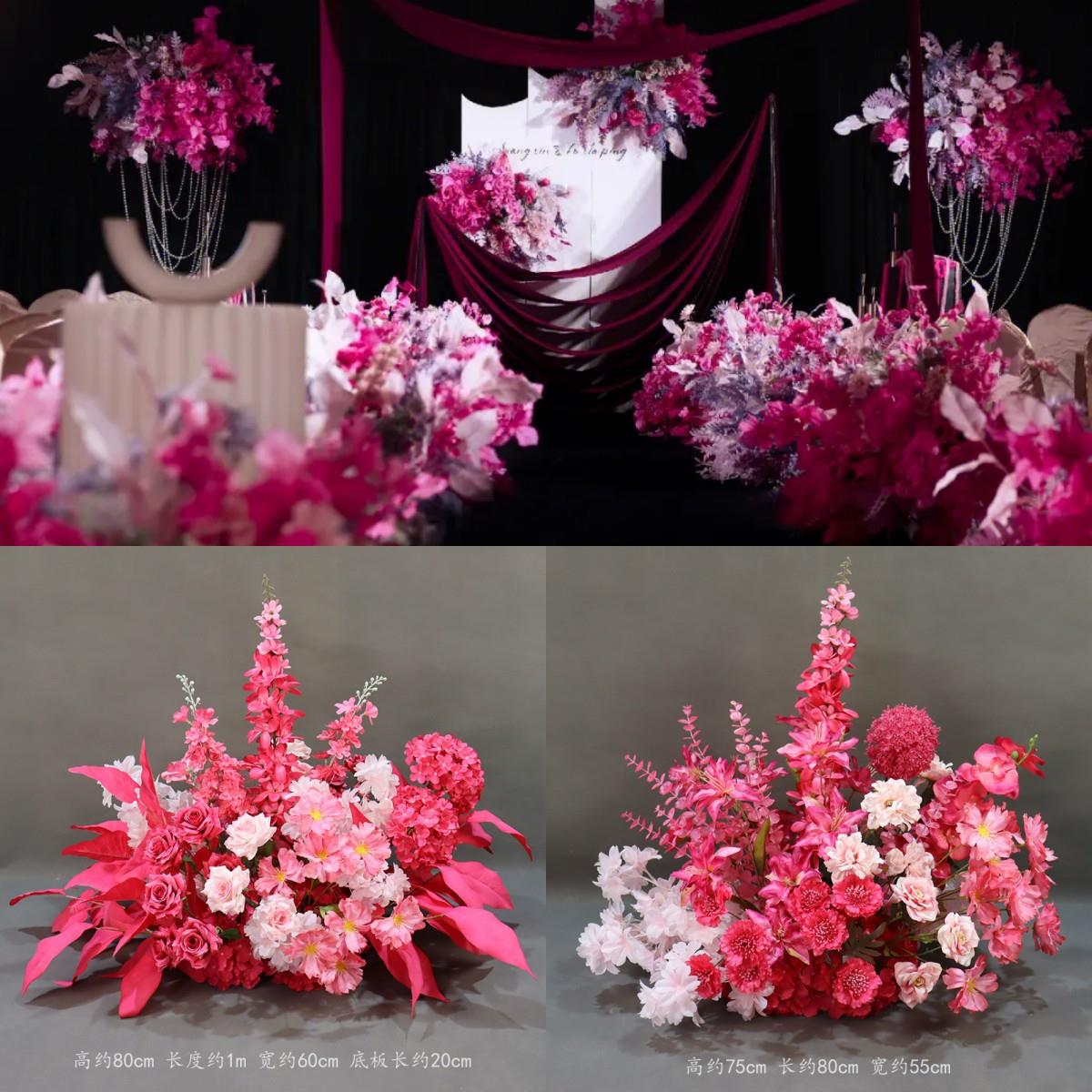 婚礼布置玫红色仿真花婚礼现场布置成品花排路引花订婚迎宾花装饰