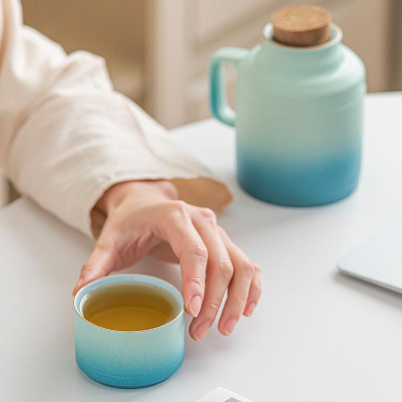 渐变马卡磨砂小暖壶带马克杯盖凉水壶陶瓷暖手瓶办公室泡茶壶茶杯
