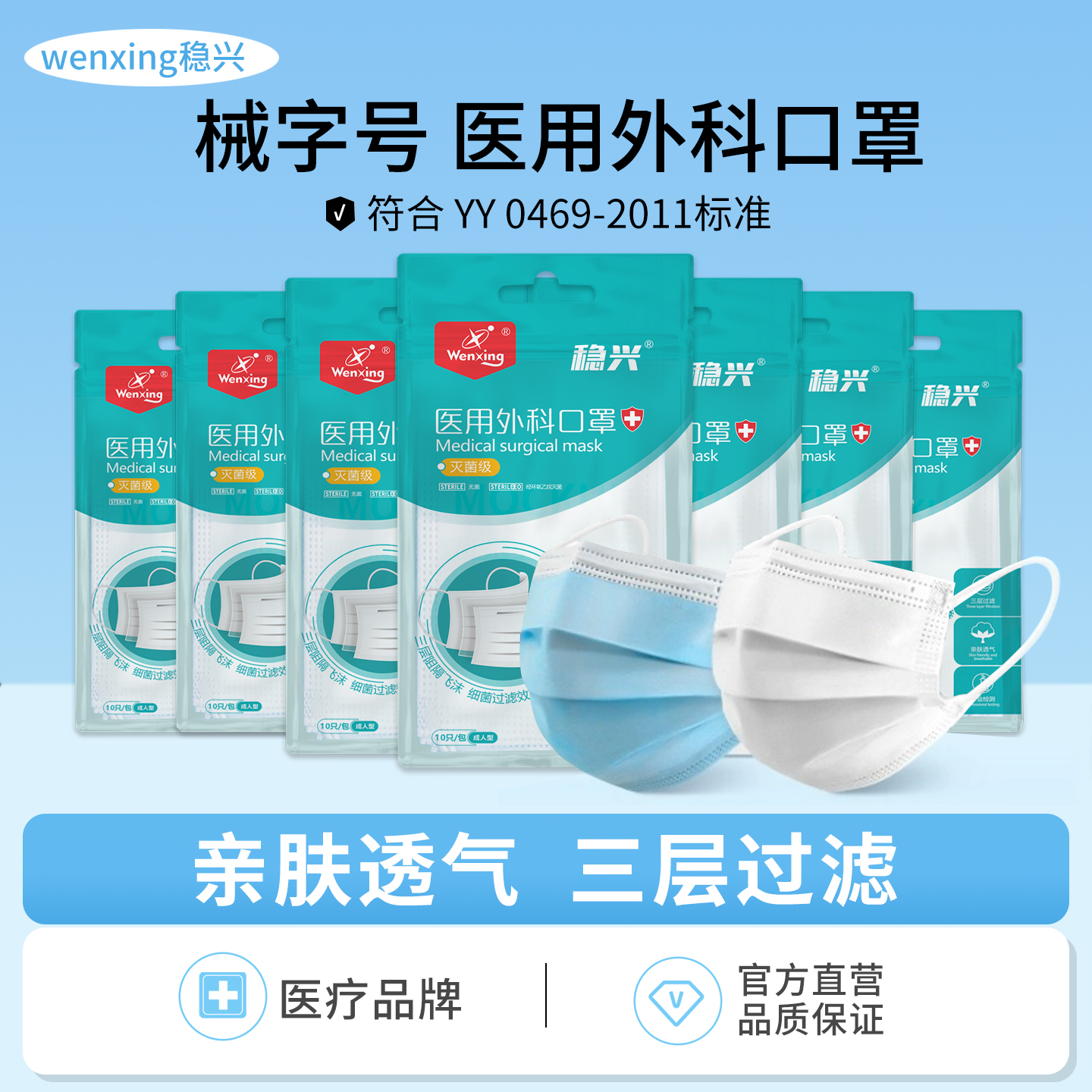 稳兴医用外科口罩秋冬一次性灭菌三层防护成人独立新老包装随机发