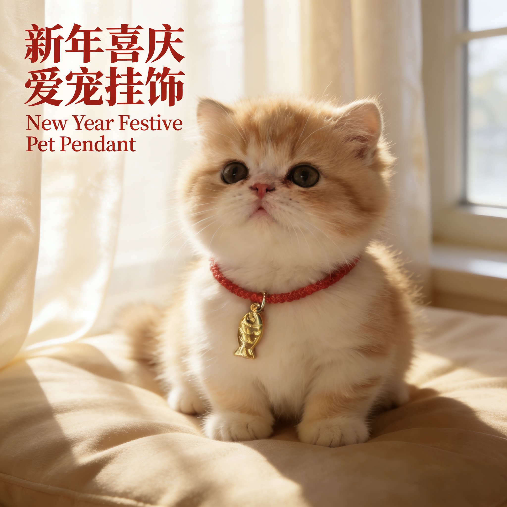 新年猫咪红色鱼形项圈挂饰拍照