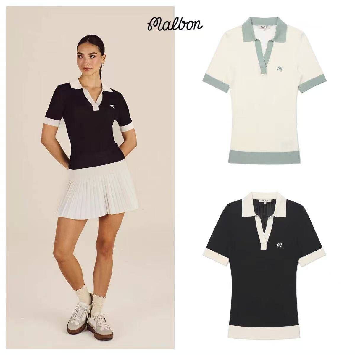 韩国MALBON高尔夫夏季针织翻领短袖女款V领薄款显瘦运动透气上衣