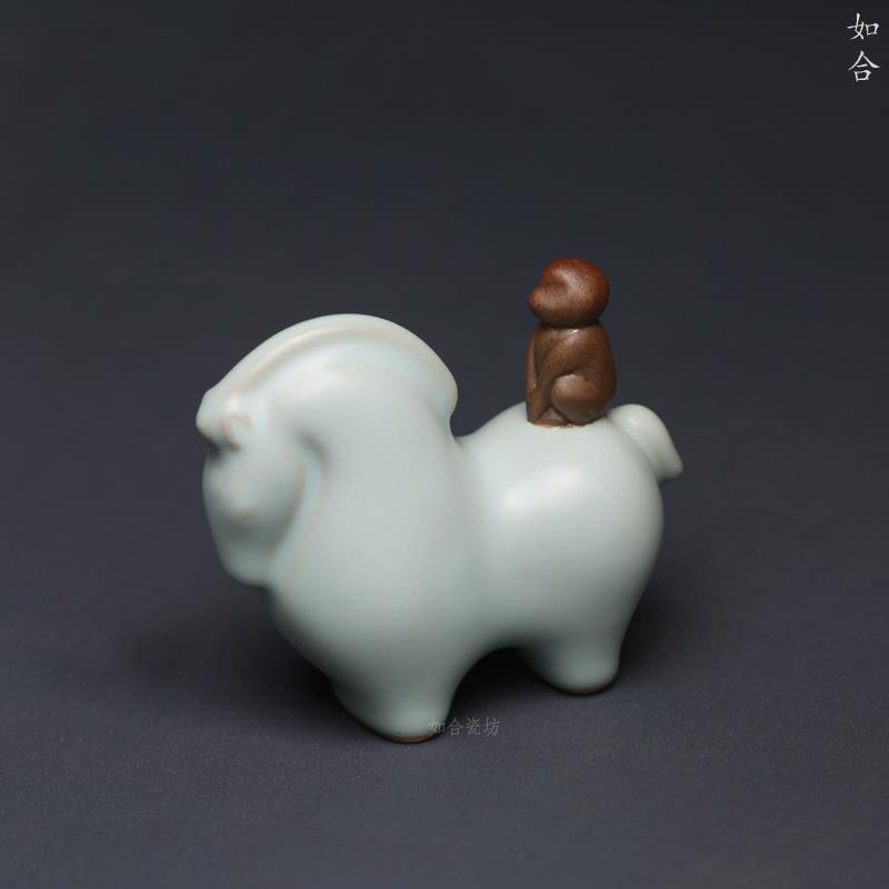汝窑 马上封侯陶瓷开片茶宠茶玩小摆件家居装饰天青色可养送礼