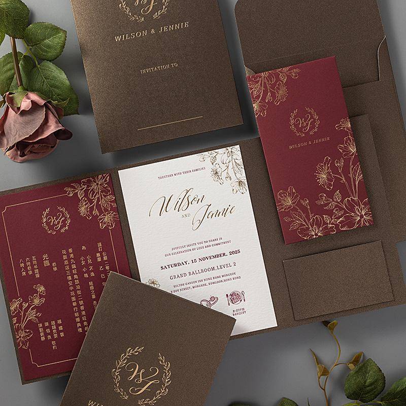 呈佳三折式烫金结婚手工凸印Letterpress请帖婚礼请柬喜帖邀请函