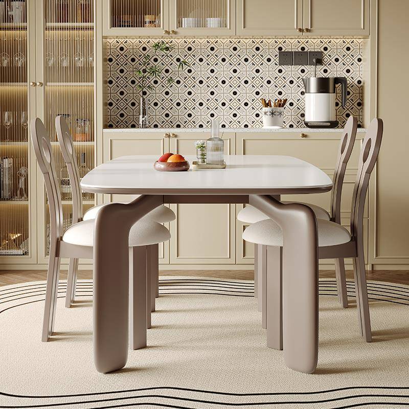 岩板餐桌实木轻奢现代简约奶油风小户型吃饭桌子家用莫兰迪灰美式