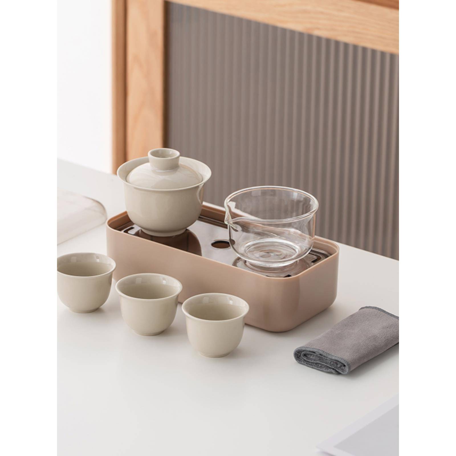 玻璃旅行茶具户外制茶陶瓷盖碗收纳集成茶杯一壶三杯快杯茶杯