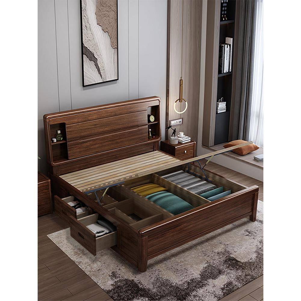 北欧实木床2米x2米双人床主卧大床2025新款现代简约胡桃木储物床