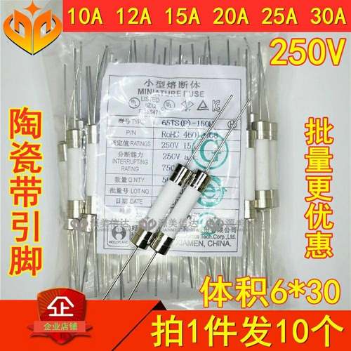 包邮 保险丝管 6*30 F10AL 12A T15A 20A 25A 30A 250V陶瓷带引脚