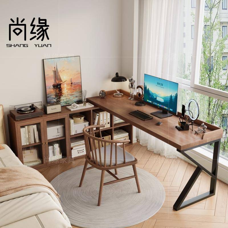 实木转角书桌书柜一体组合 卧室l型双人办公桌靠墙书房拐角电脑桌