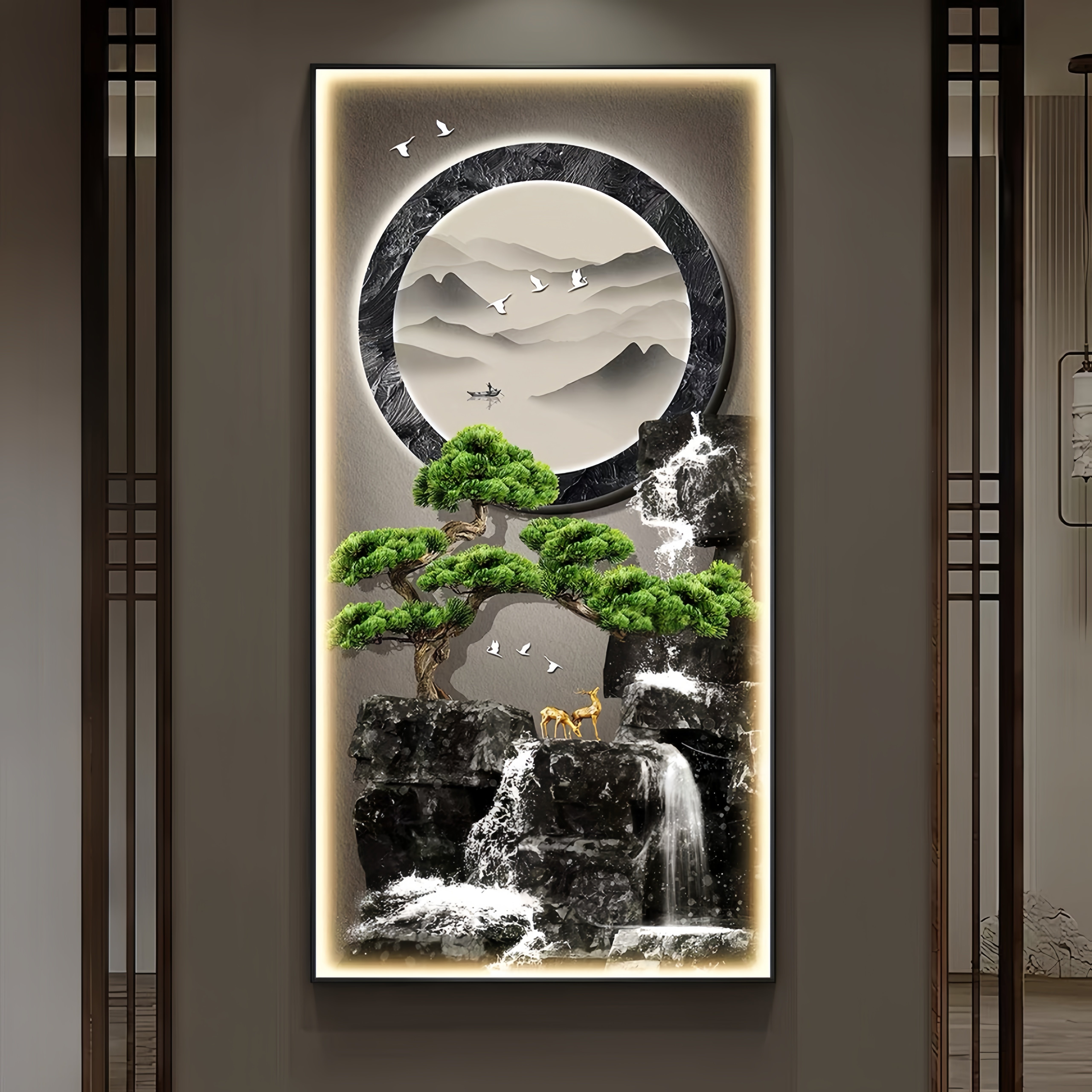 流水生财LED灯新中式入户玄关装饰画大尺寸山水挂画竖版走廊壁画