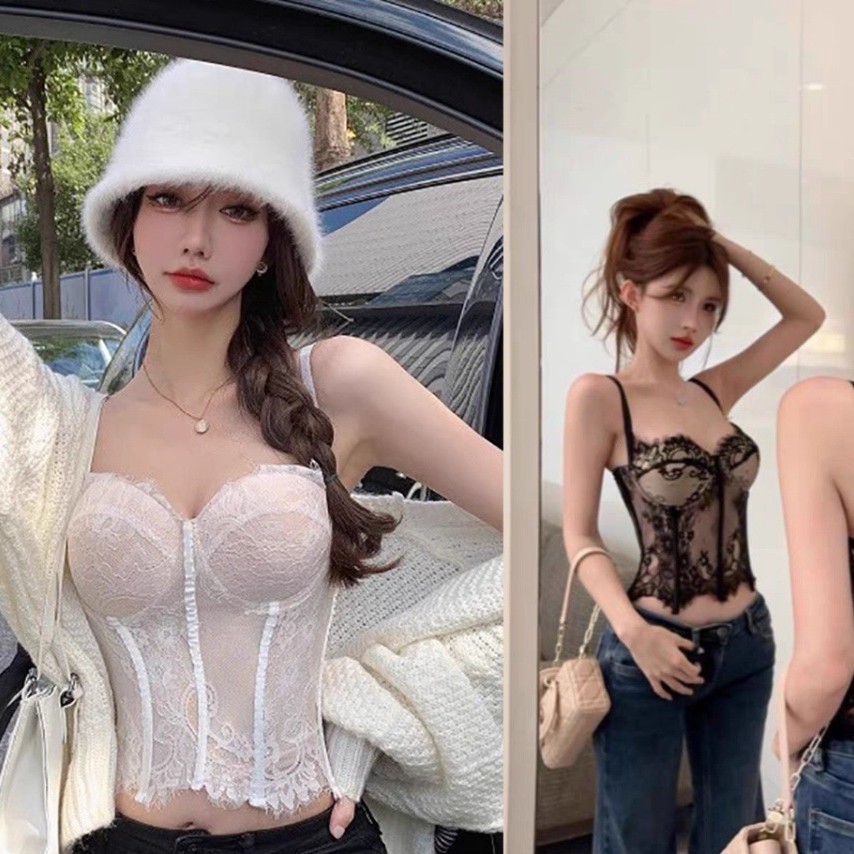 L226复古收腰性感蕾丝打底背心自带胸垫一体式可外穿辣妹网纱