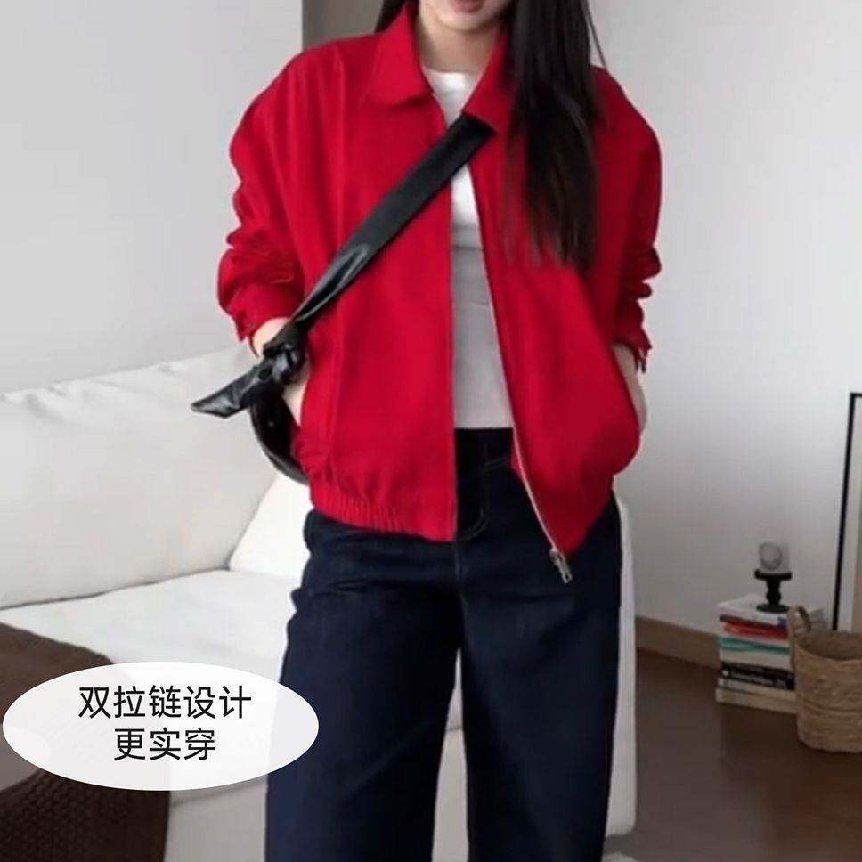 红色哈灵顿夹克外套女款2026春秋季短款翻领小个子韩系穿搭薄上衣