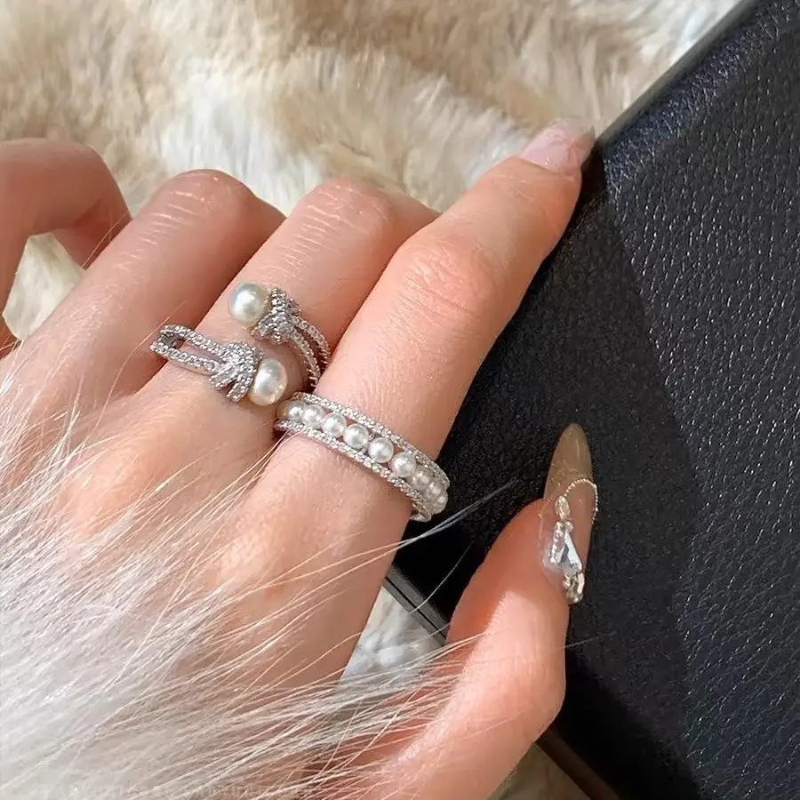 风精致馒头珍珠交叉双层戒指温柔气质高级感百搭开口戒女