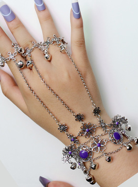 古风新款滴油镂空多层手链戒指一体手背链 欧美个性铃铛花朵手链