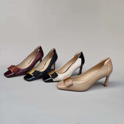 FEDERICA DI DONATO 25新款羊皮拼色方头蝴蝶结高跟鞋女 百搭单鞋