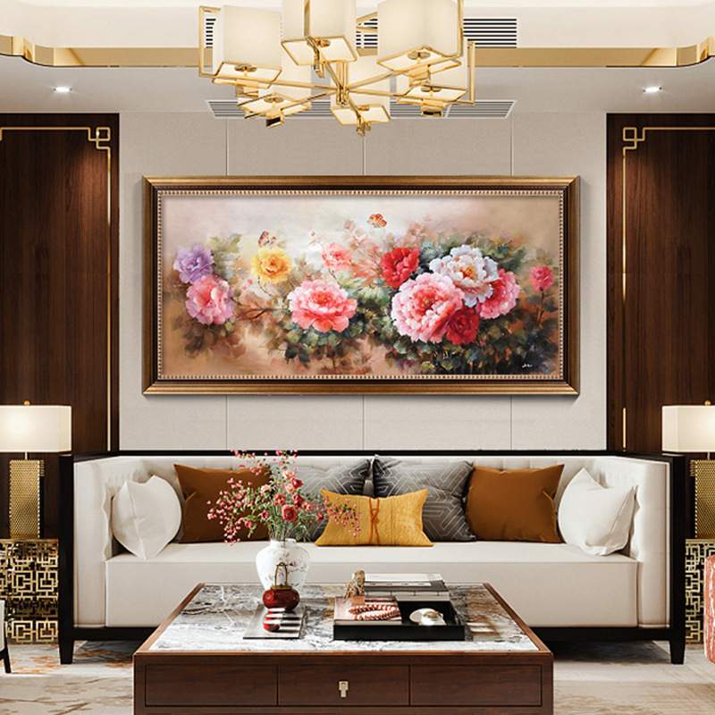 新中式玄关装饰画入户走廊纯手绘油画立体牡丹花客厅横版书房挂画图片