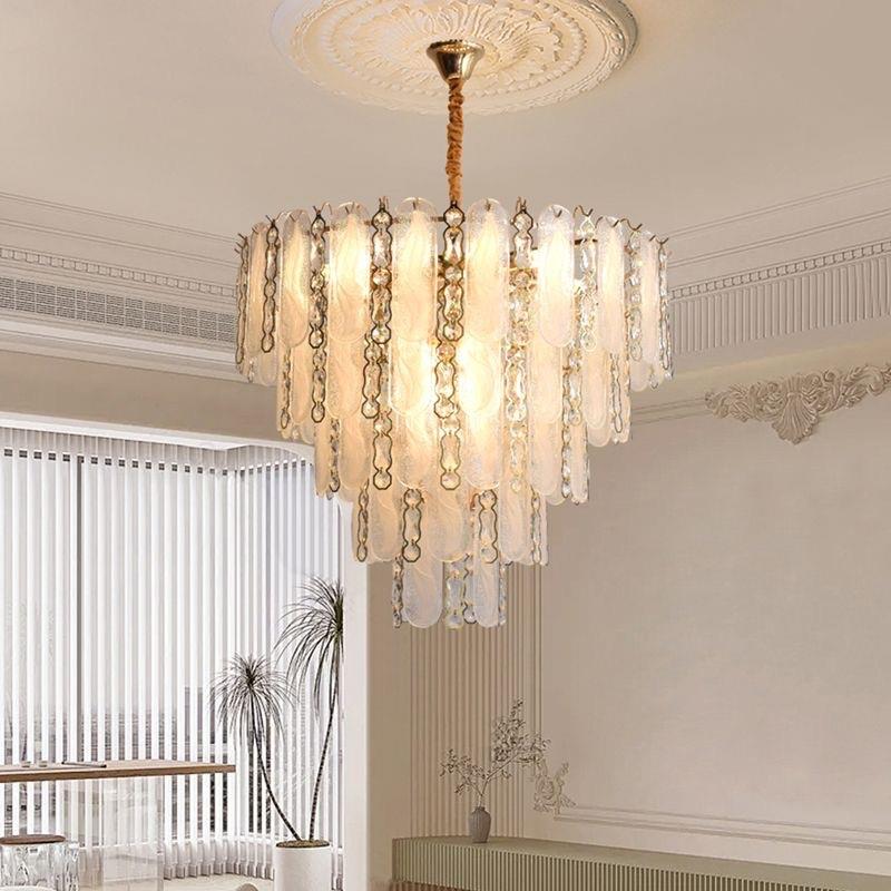 法式轻奢水晶灯羽毛玻璃吊灯2024新款高端大气客厅主灯长条餐厅灯