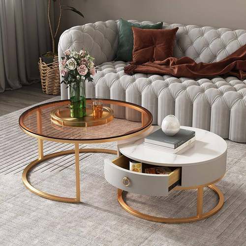 北欧岩板钢化玻璃圆形茶几桌客厅家用小户型轻奢简约现代大小组合