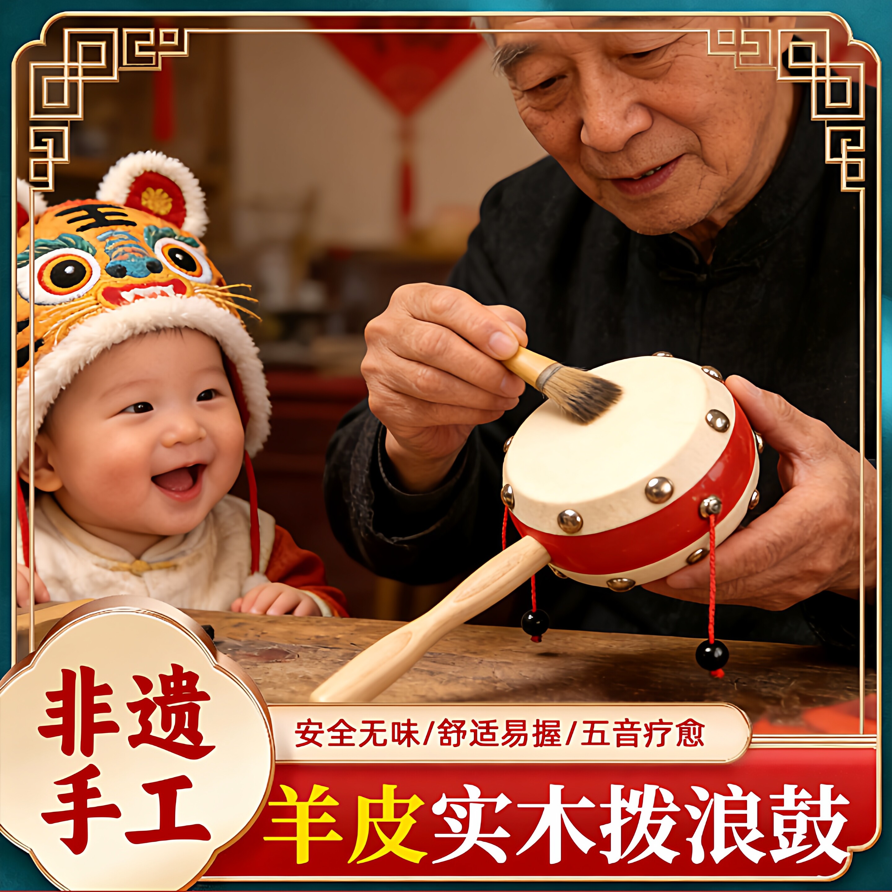 老式手工木质羊皮婴儿拨浪鼓图片