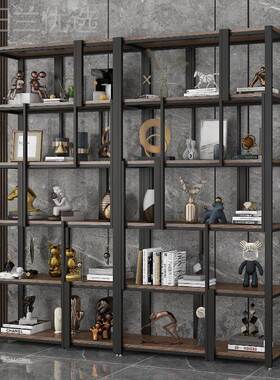 现代铁艺隔置物RYL书架断属展示架客厅实木收纳柜架办公室金博古
