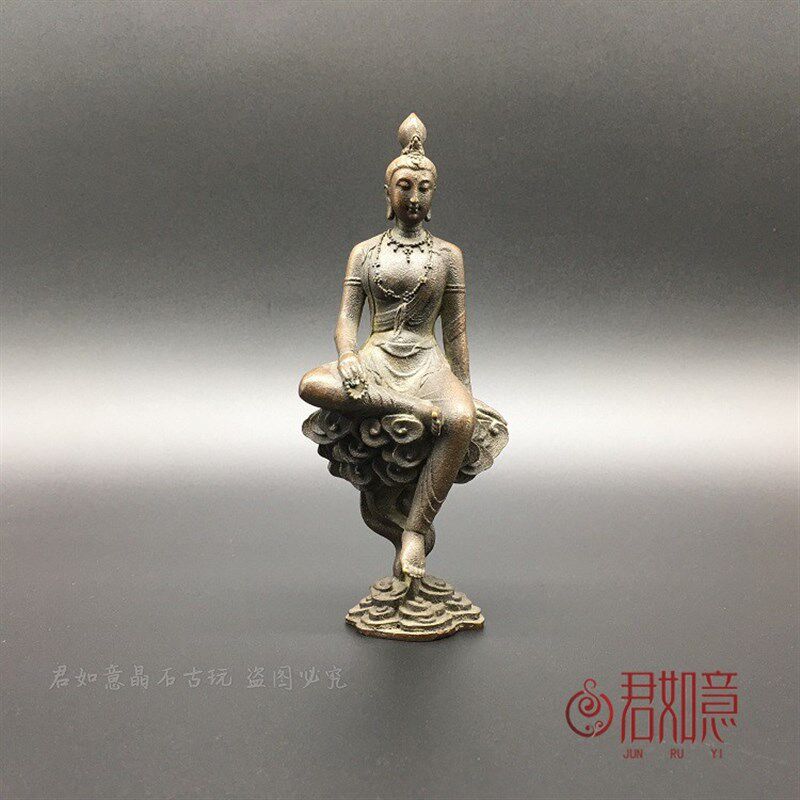实心铜精工观音摆件铜器微雕铜佛像盘坐持珠观音菩萨铜器古玩收藏