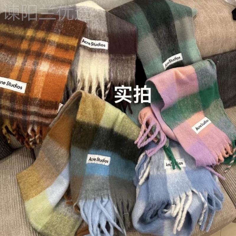 秋新款加保暖彩虹色格子冬巾欧美圈圈纱粗75621厚流苏拼色披围肩