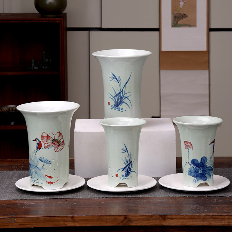 景德镇手绘陶瓷花盆大号家用简约创意绿萝个性多肉盆带陶瓷托盘