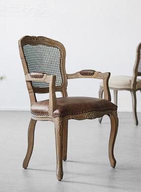 欧式古雕餐厅木雕书房刻软IQW复面美式扶手乡餐村椅包扶橡木真皮