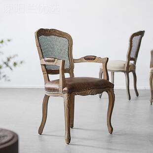 欧式古雕餐厅木雕书房刻软IQW复面美式扶手乡餐村椅包扶橡木真皮