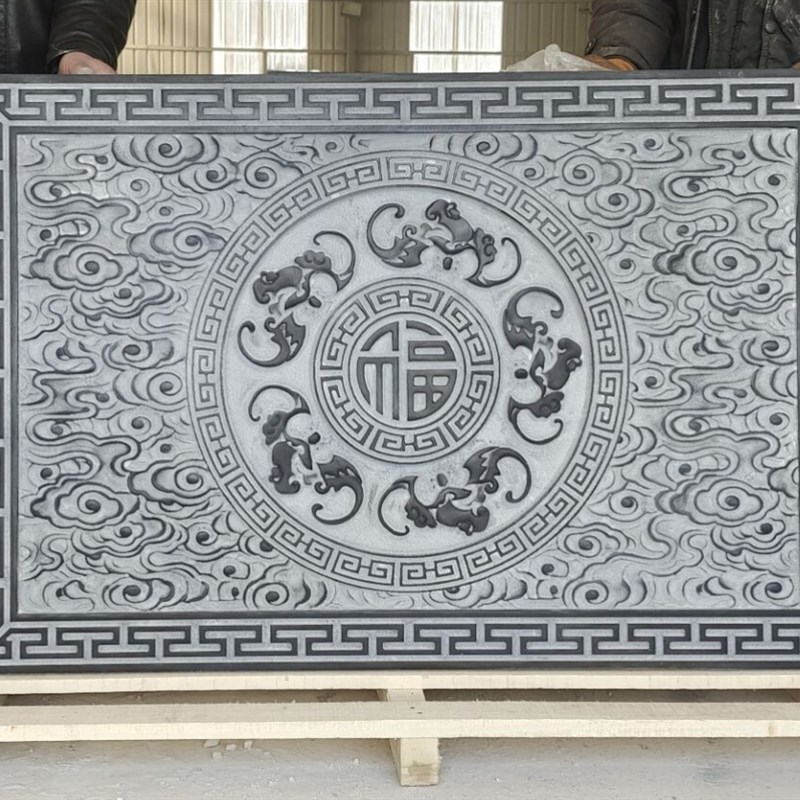 石雕五福临门青石祥云纹荷花鱼壁画中式石板画浮雕踏步台阶过门石