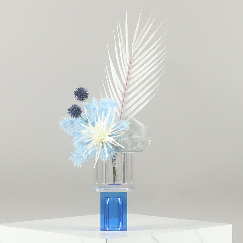 简约几何水晶琉光透明插花器蓝色花卉摆放样板间客厅餐桌花艺摆件