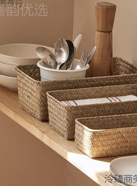 厂家置编织HG156154桌面篮竹物整编长方形藤编篮筐理储物篮编收纳