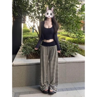 垂感显瘦阔腿裤 175高个子加长180美式 新款 女夏季 条纹抽绳休闲卫裤
