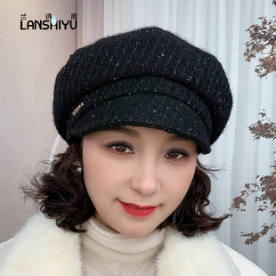 兰诗雨2025秋冬新款帽子女羊毛混纺粗花八角帽休闲保暖百搭报童帽
