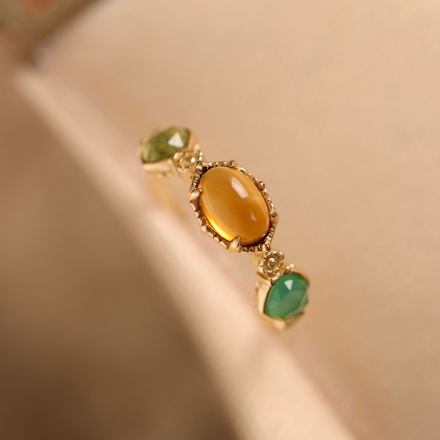珞笙《四季》天然黄水晶绿玛瑙橄榄石彩宝轻奢高级感银镀金戒指