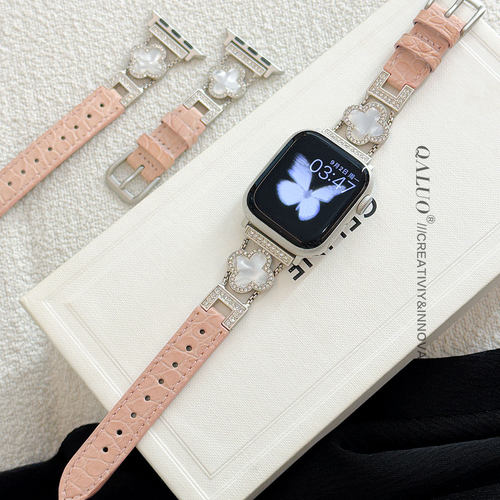 千洛iwatch四叶草圆纹鳄鱼皮表带