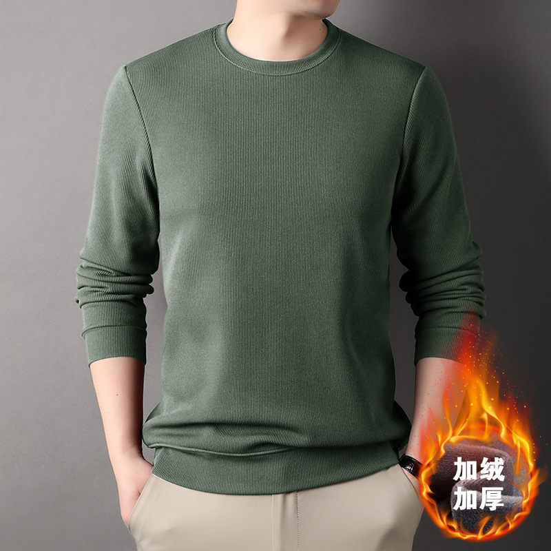 男长袖t恤冬季中年加绒加厚圆领卫衣男秋冬休闲纯色华夫格打底衫