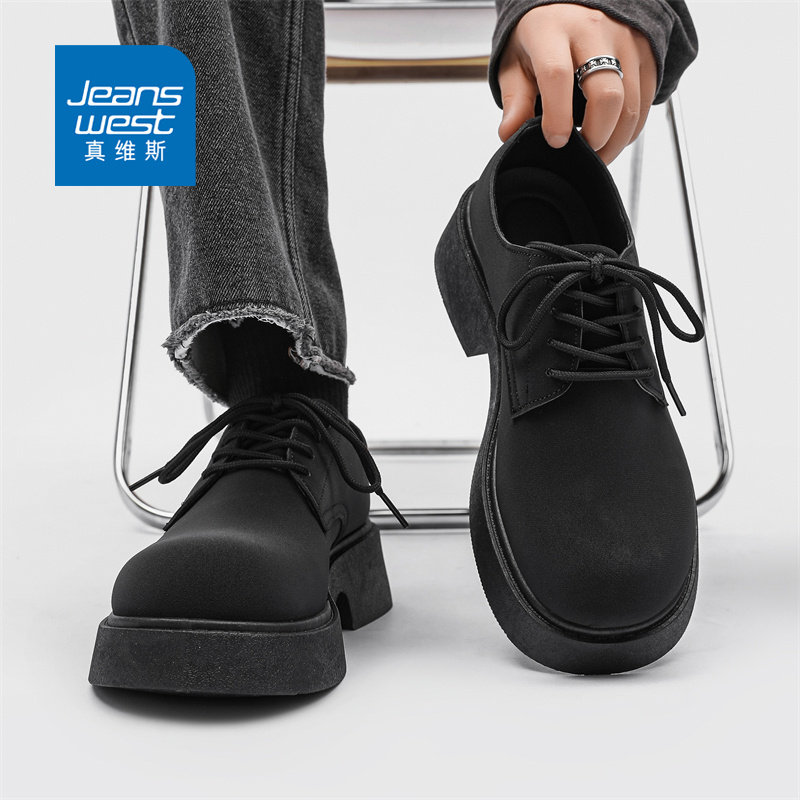 真维斯皮鞋男款春季厚底增高黑色低帮马丁靴男士高级感大头德比鞋