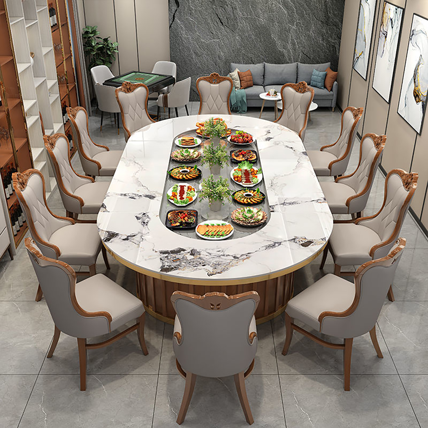 酒店椭圆形电动餐桌传送带自动旋转岩板长方形电磁炉火锅桌宴会桌