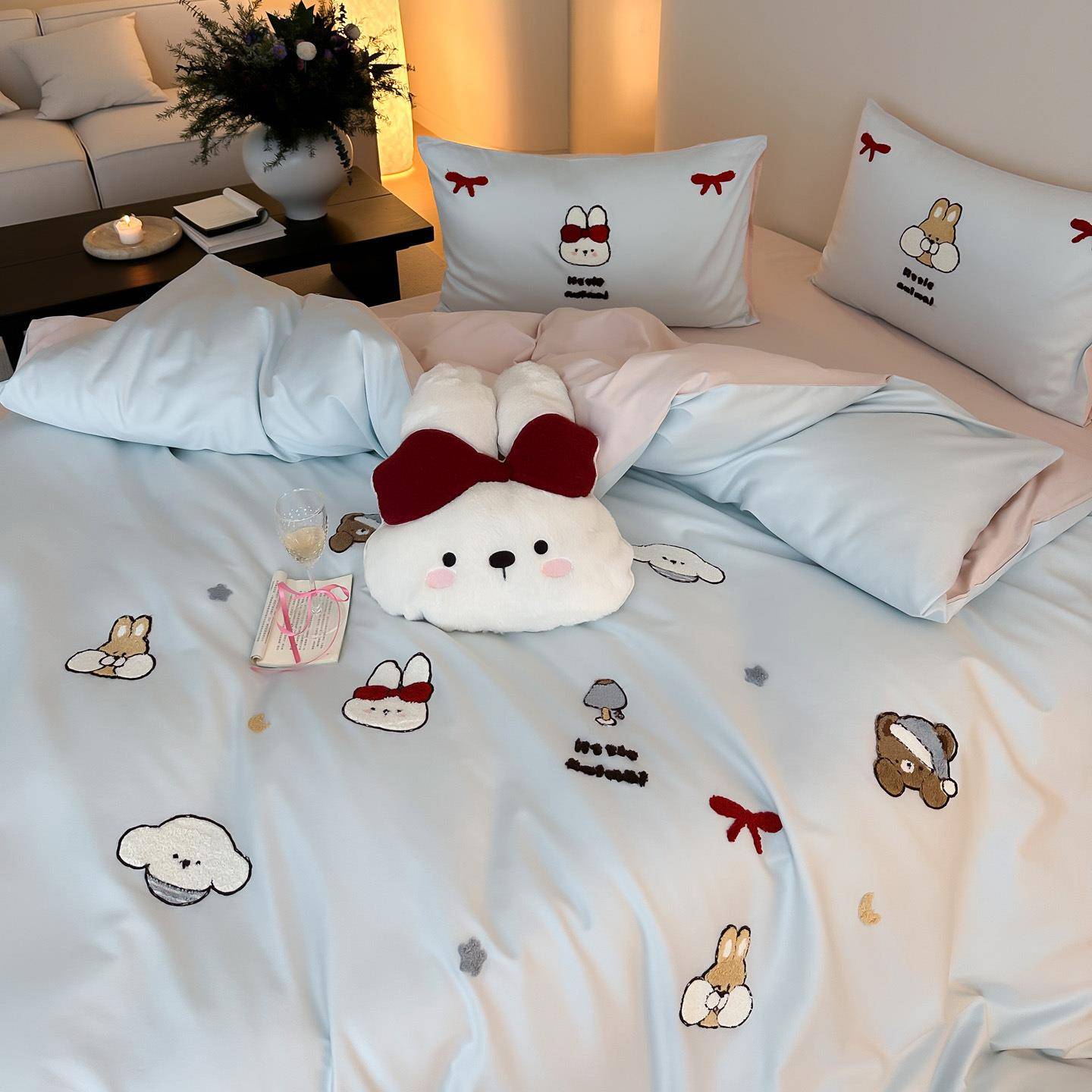 100S小清新卡通毛巾绣贡缎长绒棉四件套纯棉被套床单全棉床上用品